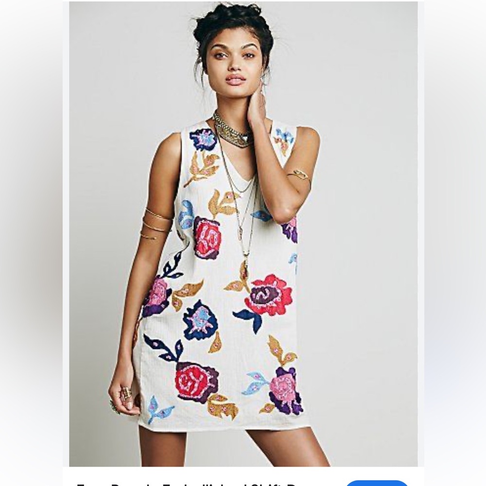 Free People Cream Mini Shift Dress Embellished Sequin Micro size XS Floral